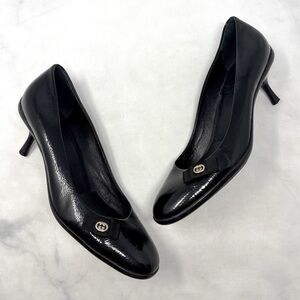 GUCCI Vintage Y2K GG Bow Patent Leather Low Kitten Heel Pumps Black Retro 37